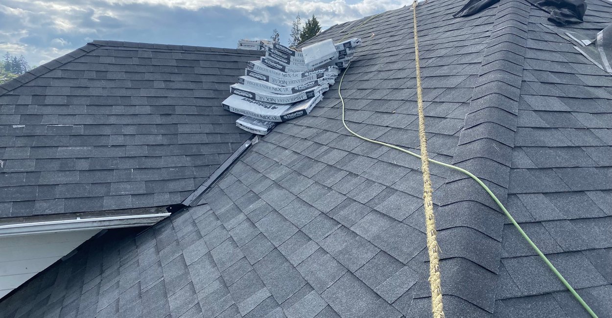Closeup of finished asphalt shingle roofing