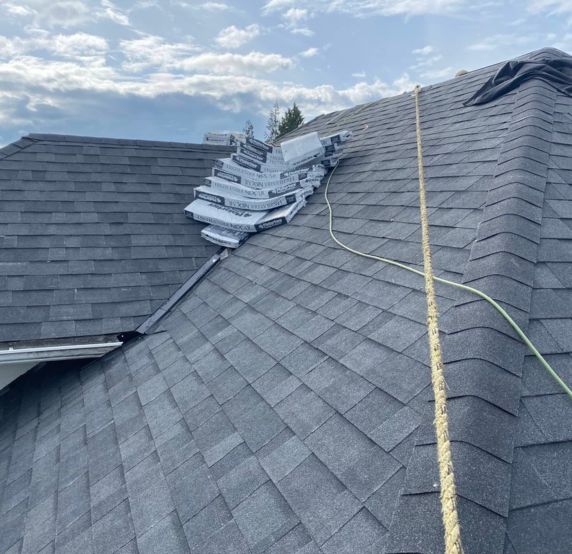 Closeup of finished asphalt shingle roofing
